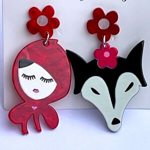 Red Riding Hood and Wolf acrylic large drop earrings gift flower retro New gift